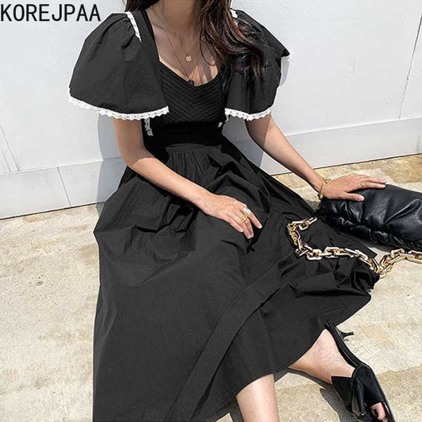 

korejpaa women dress summer korean chic girls retro temperament square collar lace stitching pleated flying sleeve vestidos 210526, Black;gray