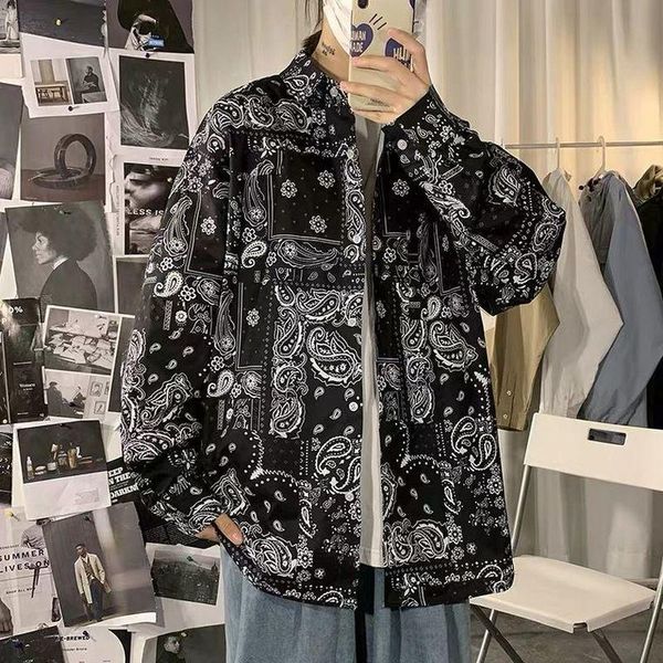 

men's casual shirts flower shirt for men long-sleeved hong kong style japan hip hop inner wear large size streetwear bottom blouse, White;black