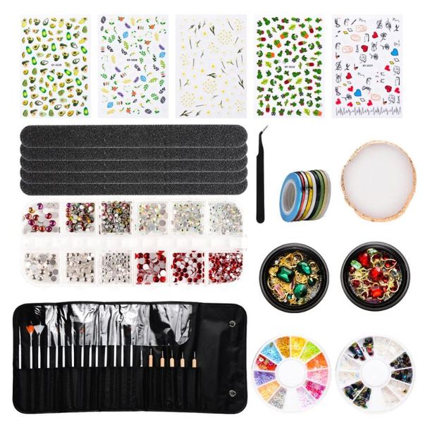 

nail art kits 55 pcs/set professional manicure tool file brush pens tweezer uv gel polish palette rhinestones sticker for nails