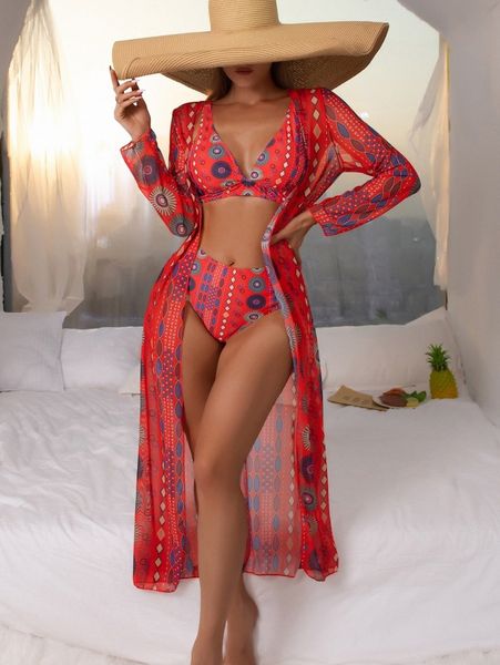 

3pack geometric print bikini swimsuit & kimono 71ur#, White;black