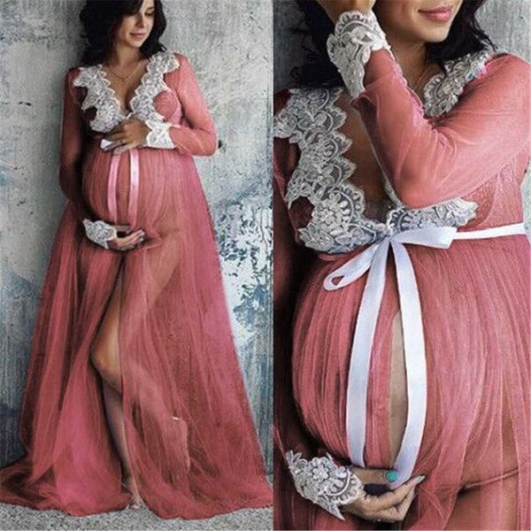 

lace hollow out maternity dress robes for p shoot or baby shower ruffle tulle chic women dresses nightgown pgraphy robe y0924, White