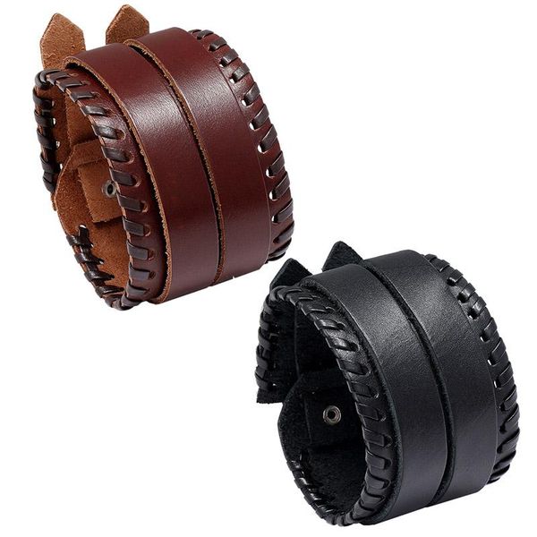 

tennis great quality wide genuine leather cuff bracelets 44cm double buckle adjustable brown black man bangles male wristbands, Golden;silver