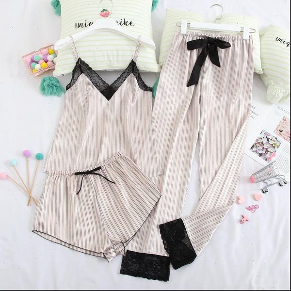 

julys 3 piece pajamas set womens sleepwears stain silk shorts and long pants strap sling summer pajamy suit, Black;red
