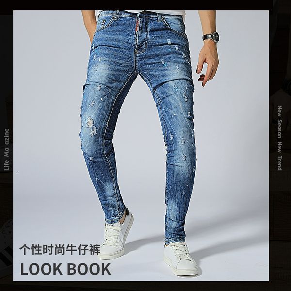 

stretch jeans in 2021 four seasons men's trend slim pants leggings, Blue