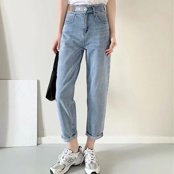 

casual jeans women's 2021 spring all-match loose high waist denim ankle-length pants efoo, Blue