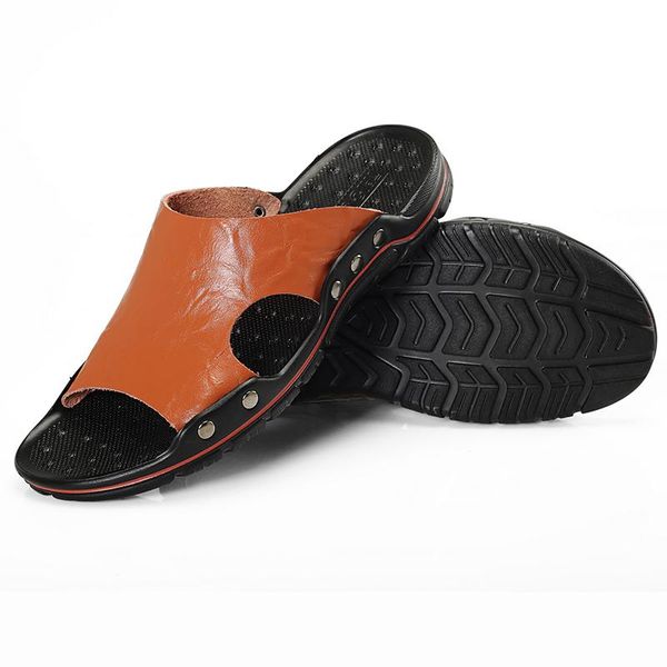 

plus size 48 men slippers leather man flip flop open toe zapatos de hombre, Black