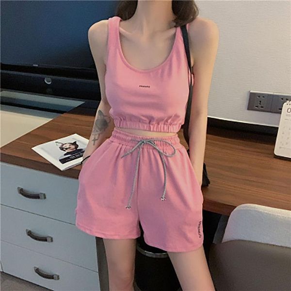 

summer women fashion & club sports casual cotton sets white pink black green pullover vest + drawstring shorts suits women's tracksuits, Gray
