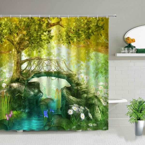 

shower curtains dream forest flower oil painting waterfall landscape pink tree 3d print bathroom decor waterproof cloth curtain