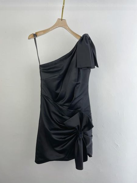 

casual dresses fashion women 2021 sleeveless oblique shoulder bow multi-fold ribbon dress 0402, Black;gray