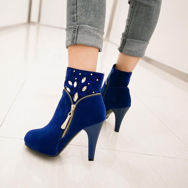 

boots autumn women shoes high heels ankle fashion rhinestone winter suede leather solid round toe zip black