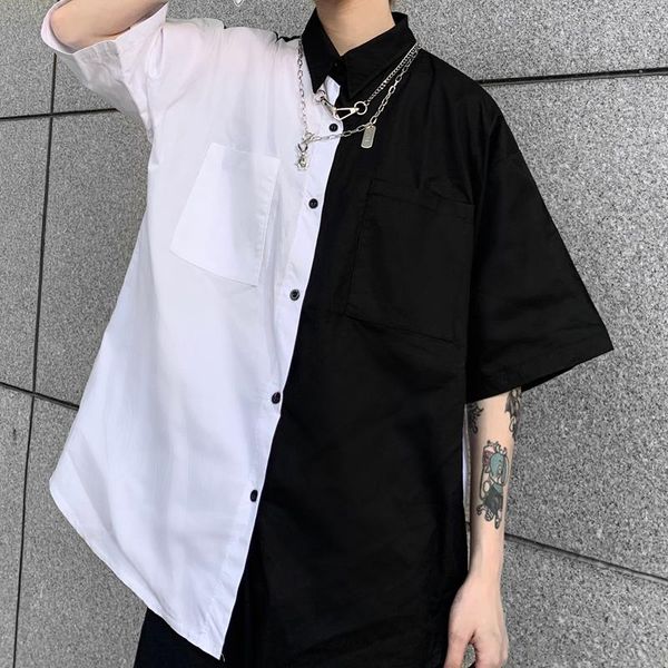 

summer patchwork turn-down collar short sleeve loose tees korean ins harajuku casual ladies single-breasted woman tshirts women's t-sh, White