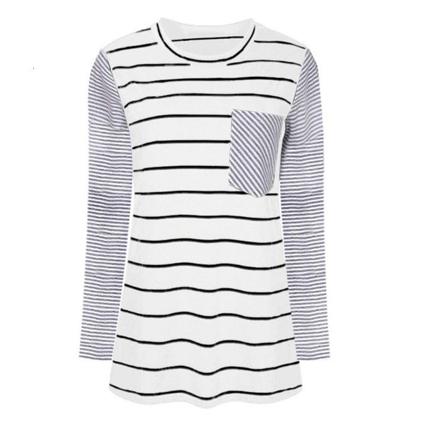 

tees women's t-shirt autumn long sleeve pocket stitching t-shirt cotton stripe top, White