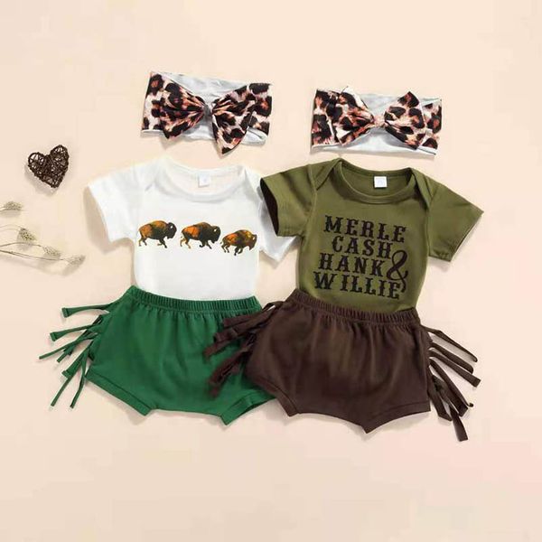 

infant clothing sets girls outfits baby clothes toddler suits summer cotton letter printed short sleeve rompers pants shorts leopard headban, White