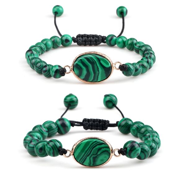 

charm malachite oval pendant bracelet 6mm 8mm beads leather rope braided bracelets couple bangles chain jewelry gift for friend, Golden;silver