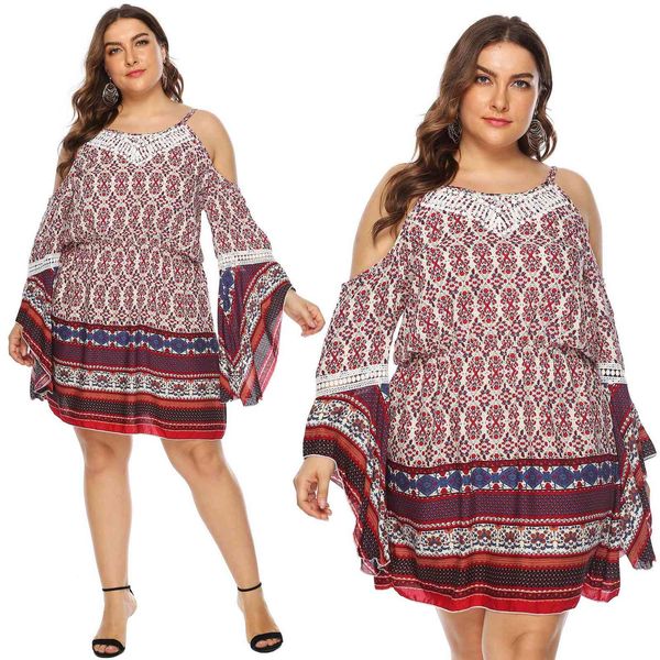 

women's plus size 2021 large positioning floral cotton off shoulder flared sleeve 11026