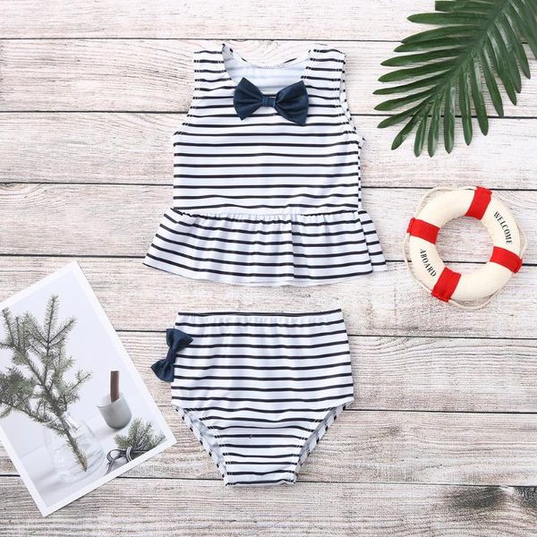

summer children swimwear toddler kid baby girl bow swimsuit striped bathing suit bikini 2pc set c one-pieces, Black