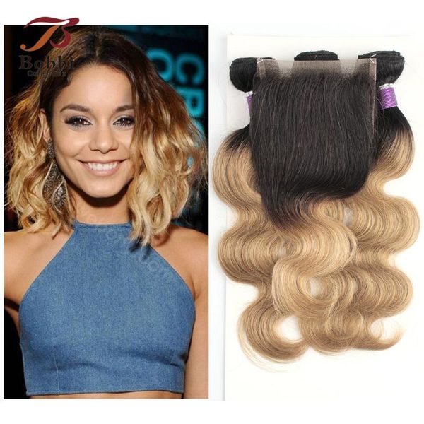 

human hair bulks 3 bundles with 4x4 lace closure 200g/set 18 20 22 inch body wave ombre honey blonde remy weave bobbi collection, Black