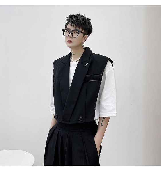 

men's vests large size summer personality simple jiming line short waistcoat fashion suit collar vest sleeveless coat men, Black;white