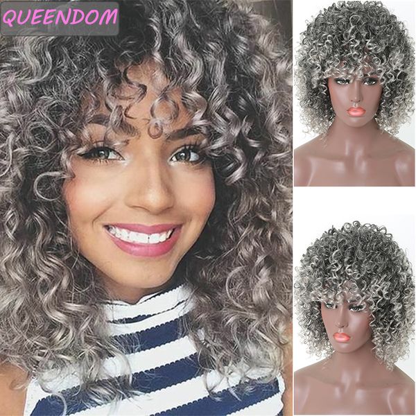 

ombre gray afro kinky curly wig with bangs 15 synthetic short curly wigs for african women natural lolita false hair wig blonde, Black