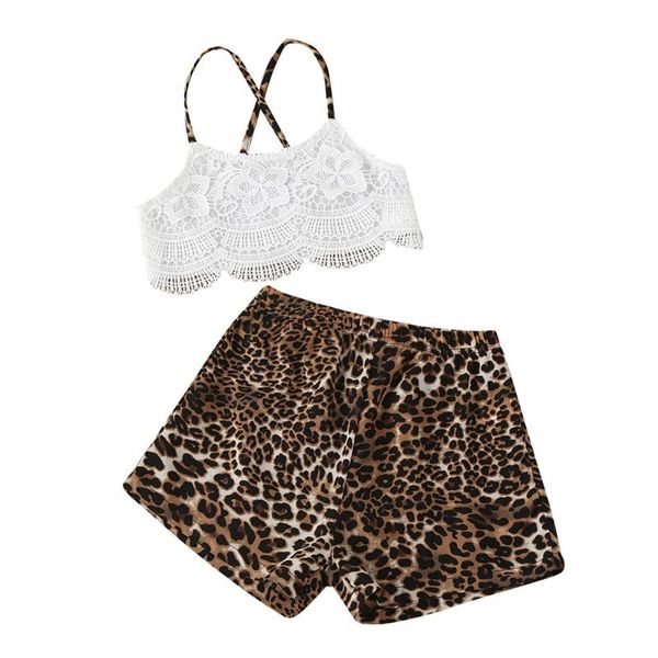 

2-6y toddler girl lace leopard sleeveless floral hollow-out sling high waist shorts 2pcs outfits summer children clothing sets, White