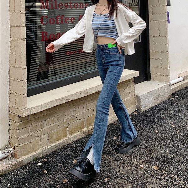 

women's jeans china's pants fashion chic high waist show thin versatile foot fork spot, Blue