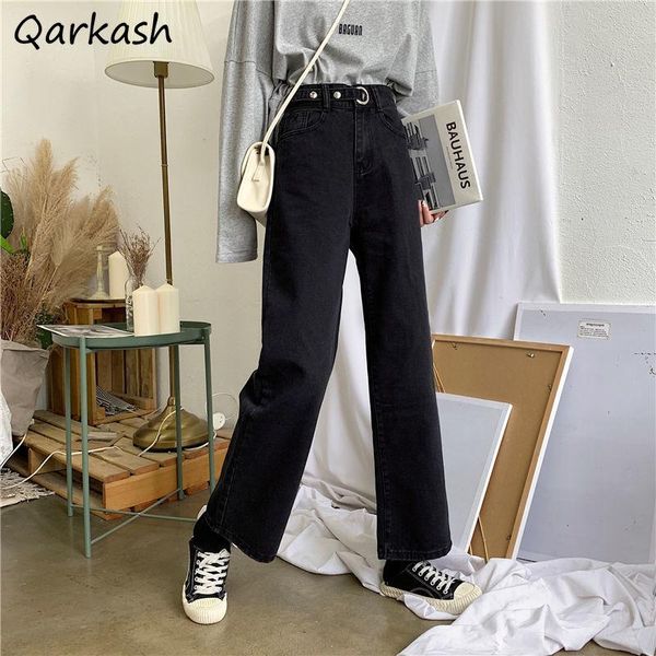 

women's jeans women black washed full-length high waist cool streetwear stylish mujer trousers do old adjustable female wide leg daily, Blue