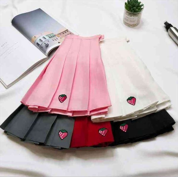

spring summer womens pleated skirt strawberry embroidery high waist a word skirt, Black