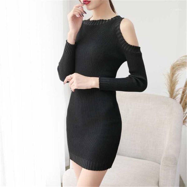 

women's sweaters autumn winter style sweater round neck solid color long-sleeved cold shoulder knit causal slim fit sexy1, White;black