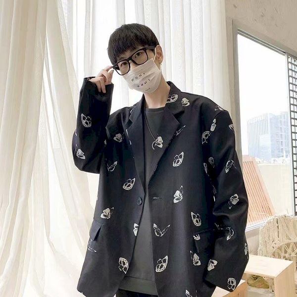 

women's suits & blazers korean abstinence white suit jacket men women loose butterfly print couple handsome harajuku streetwear cool co, White;black