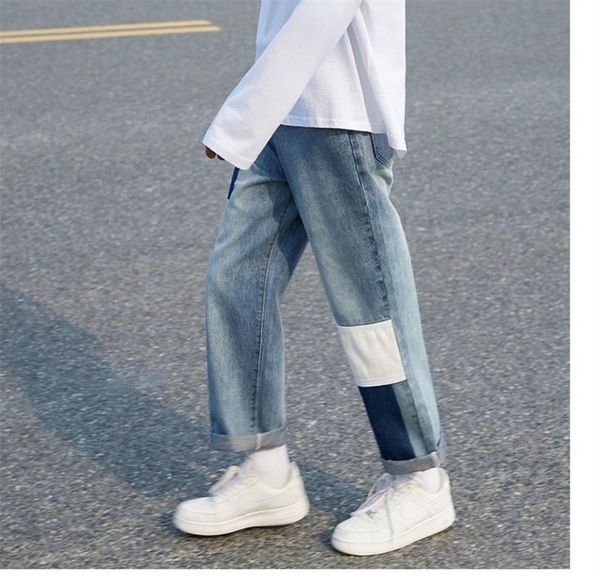 

women's jeans patchwork pants washed girl high waist straight wide leg streetwear fashion denim trousers vintage loose fema, Blue