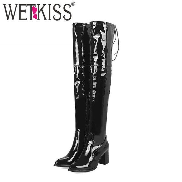 

wetkiss over the knee women boots pointed toe cross tied footwear thick high heels female boot patent pu shoes woman winter 210630, Black