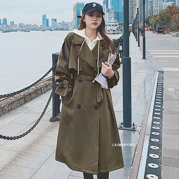 

women's trench coats 2021 fashion korean style oversize women coat double-breasted long with belt office lady windbreaker spring autumn, Tan;black