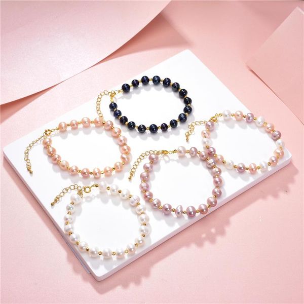 

charm bracelets 5 colors natural freshwater pearl beads bracelet pearls strand fine wristband jewelry for women gifts bangle 19cm b387, Golden;silver