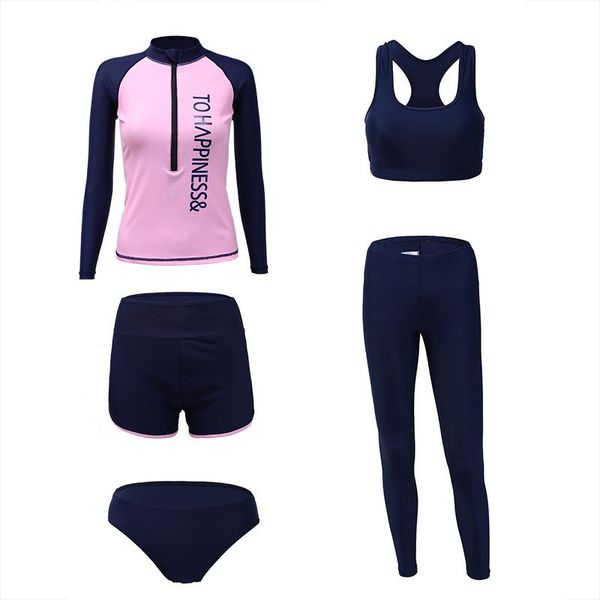 

women's 5 piece set beach surfing rash guards full long sleeve legs swimsuit uv sun protection zip up bottoms swim surf wear one-piece