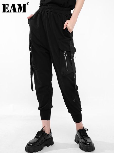 

women's pants & capris [eam] high elastic waist black ribbon long harem trousers loose fit women fashion tide spring autumn 2021 jq0150, Black;white