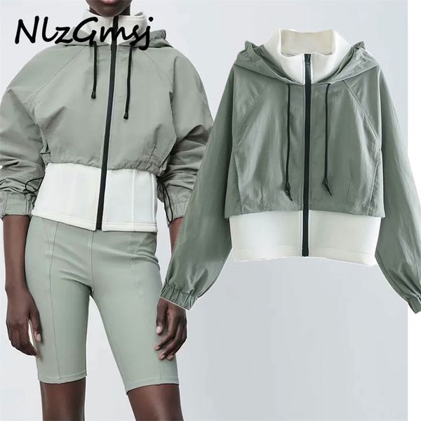 

women jacket spring autumn long sleeve pactwork hooded zipper with pockets sping coat streetwear 04 210628, Black;brown