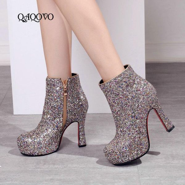 

boots fashion sequined cloth ankle women's winter platform square high heels zipper shoes woman 2021 white black gold