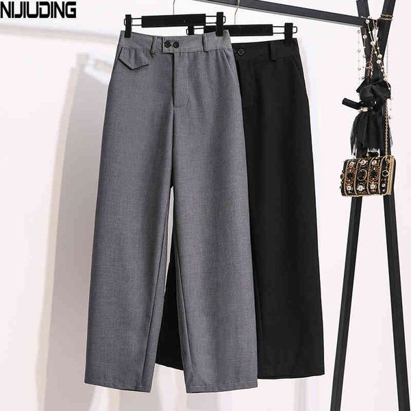 

autumn elastic high waist pockets women suit pants casual loose straight leg female trousers solid pantalon 210514, Black;white
