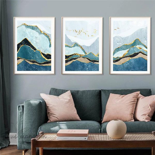 Стены наклейки самоклеящиеся обои Абстрактная гора птица синий пейзаж плакаты искусства печатает картина гостиной дома украшения