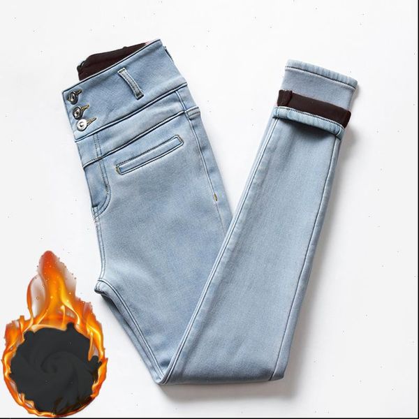 

high waist women jean thickened elastic skinny denim pencil pants basic mom ladies slim jeans winter warm tall clothing female, Blue