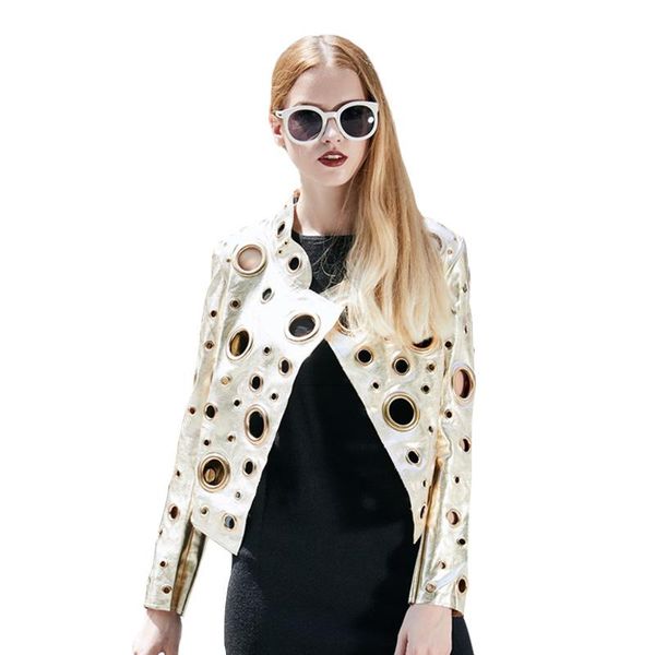 

spring autumn brand women leather jackets metal circle rivets gold silver outwear club punk style motorcycles short coat women's & faux, Black