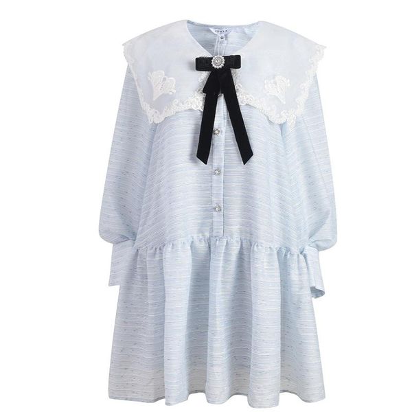 

casual dresses sweet mesh embroidered puff sleeve dress lace lapel polka dot lotus leaf loose holiday blue high quality, Black;gray