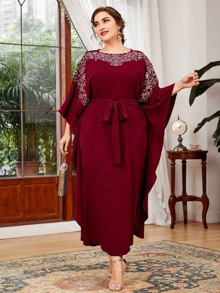 

plus embroidery belted dress g3ep#, Black