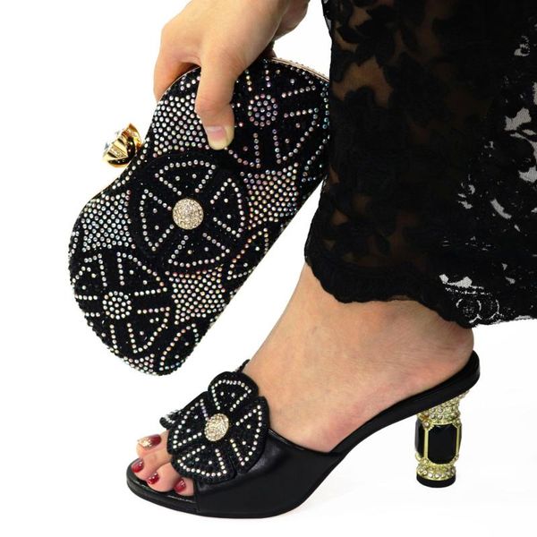

new arrival rhinestone african shoes and bag set shoes and bag for party wedding plus size women 43 pumps women 2021, Black