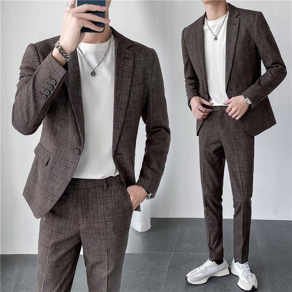 

men's suits & blazers 2021 fashion classic plaid business formal casual 2 pieces wedding for men office work party prom dress clothing, White;black