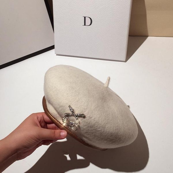 

berets beret hats for women winter casual personality celebrity painter cap rhinestone pure wool hat aldult beanie, Blue;gray