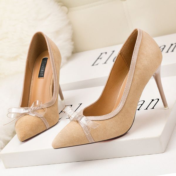 

fashion sweet beauty shoes thin heel high heel shallow mouth pointed suede bow single shoes high heel shoes, Black