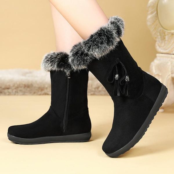 

boots fashion women suede plush tassel flat zipper mid boot keep warm snow shoes classic winter ladies, Black