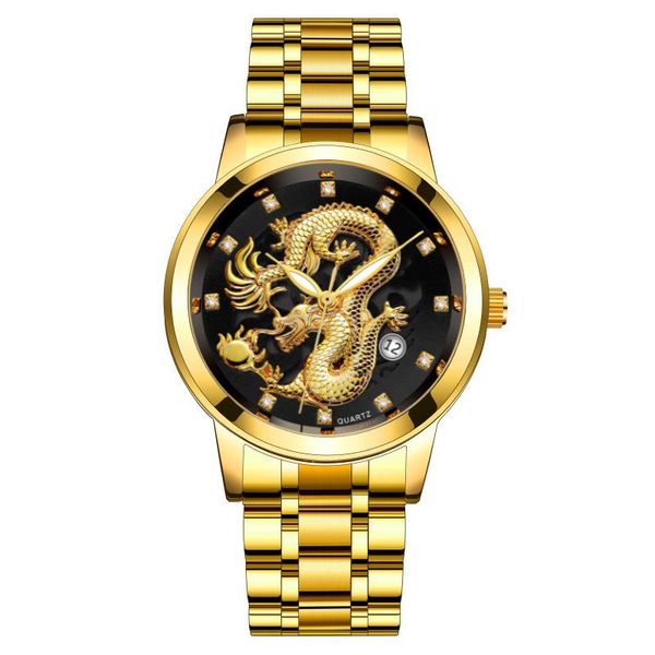 

wristwatches fashion calendar men's watch steel band non-mechanical business waterproof luminous hollow dragon, Slivery;brown