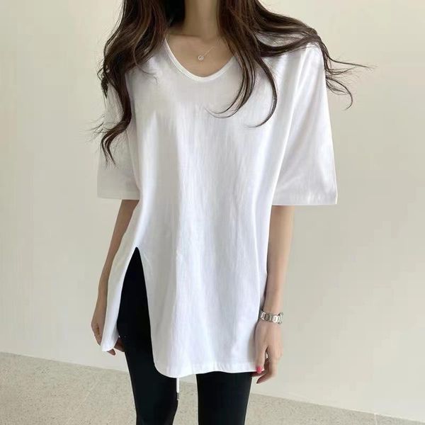 

korean solid color o-neck short sleeve t-shirt 2021 sweet simple loose split female pullover ge2c women's, White